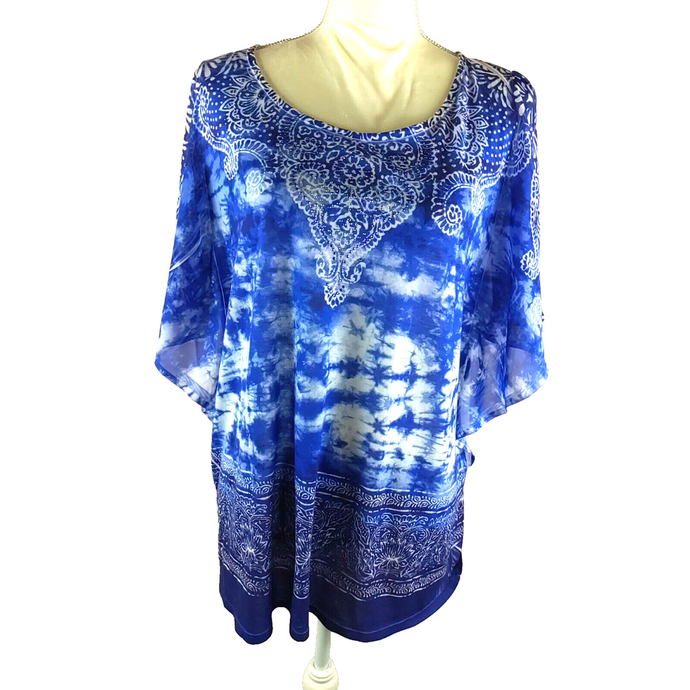 Catherines Women's Pullover Shirt Beaded Studs Size OX WP Petite Blue Butterfly
